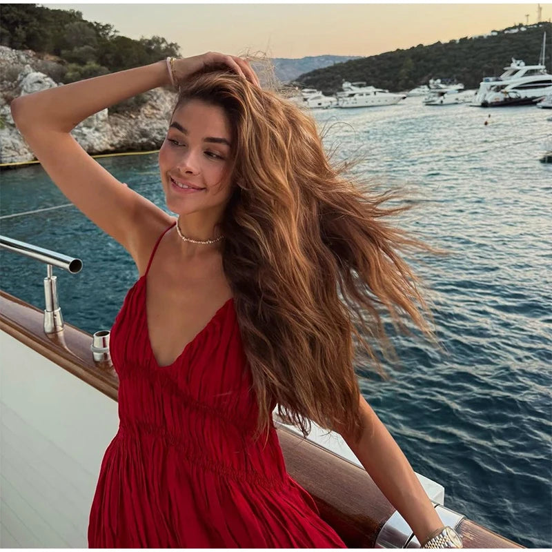 - Elegant Suspender Maxi Dress Women Sexy Summer Pleated Sling Beach Dress Female Backless V-neck Vacation Evening Long Vestidos