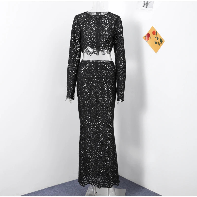 Matching Sets - Elegant See Through Crochet Top Women Set Hallow Out Flare Long Sleeve Top Slim Empire Hip Package Skirts 2025 Summer Lady Set