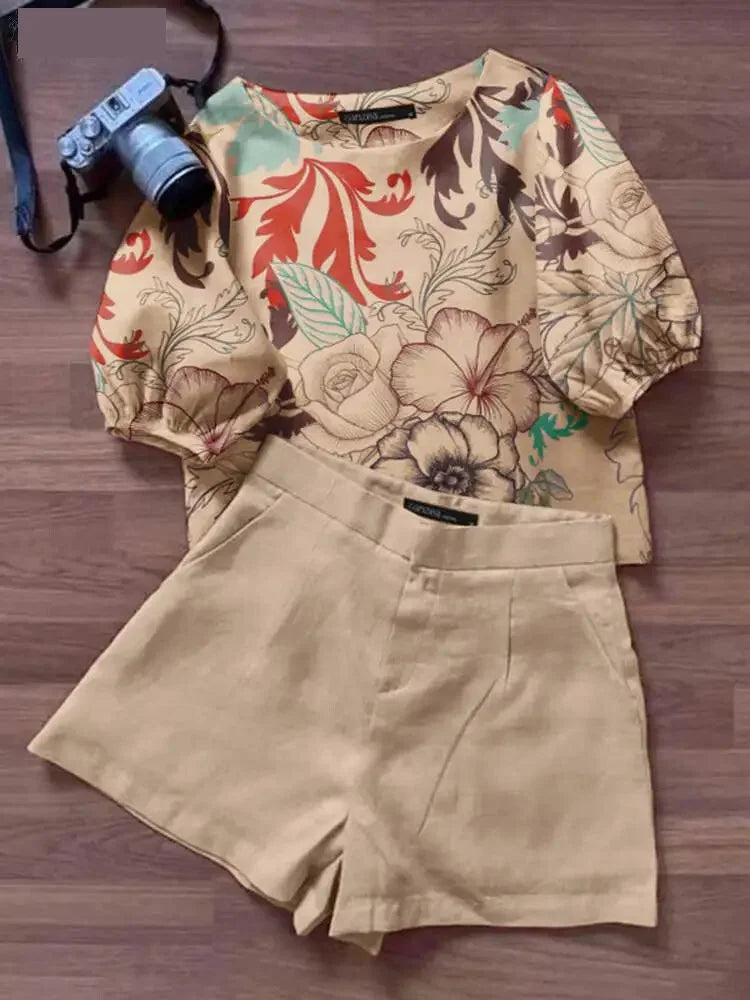 Shorts Outfit Set - Summer Short Sets Women Outfits 2PCS Elegant Short Sleeve Floral Blouse Pant Suit Fashion Tracksuit Matching Sets