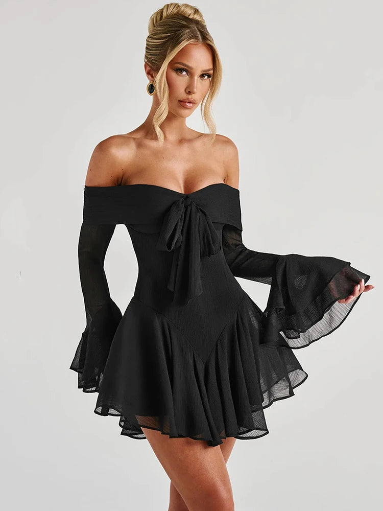 Party Dresses - Strapless Long Flare Sleeve Sexy Mini Dress For Women Robe Off-shoulder Backless High Waist A-line Club Party Dress
