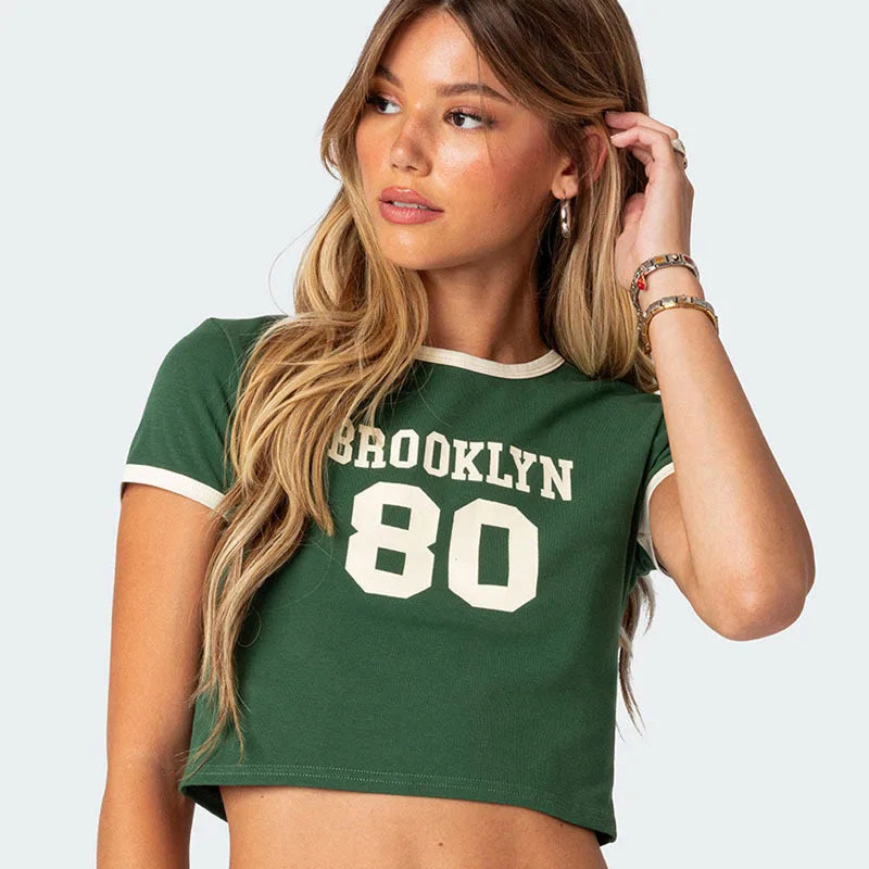 Sporty Sets - Y2k Millenial Style Sexy Slim Round Neck Striped Color Letter Print Pattern Miss Navel Slim Short Sleeve Top Women