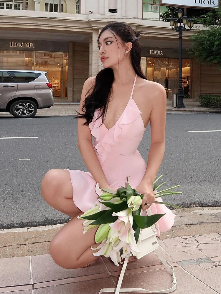 Party Dresses - Halter Ruffles V-Neck Dress Women Backless Elegant Sexy Summer Fashion V-Neck Solid Birthday Party Clubwear Mini Bodycon