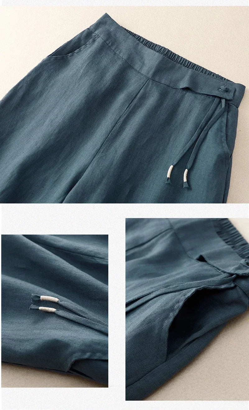 Pants - Summer Wide Leg Pants Women Elastic High Waist Cotton and Linen Casual Pants Loose Straight Yellow Women's Pants