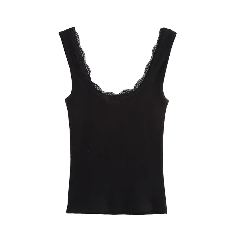 Knit Tops - Women Fashion Solid Lace Hem Knitted Vest Vintage Straps Square Collar Female Chic Lady Tank Tops
