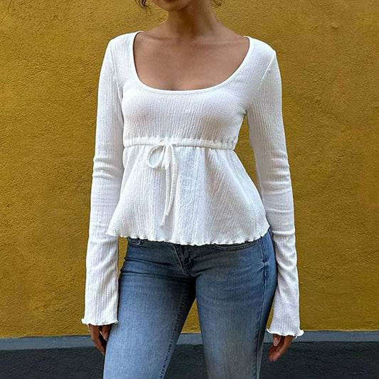 Peplum Tops - Autumn New T-shirt Women Streetwear Sexy Sheer Solid Top Fashion Lace-up Long Sleeves Crop O-Neck Casual Slim Versatile T-shirt