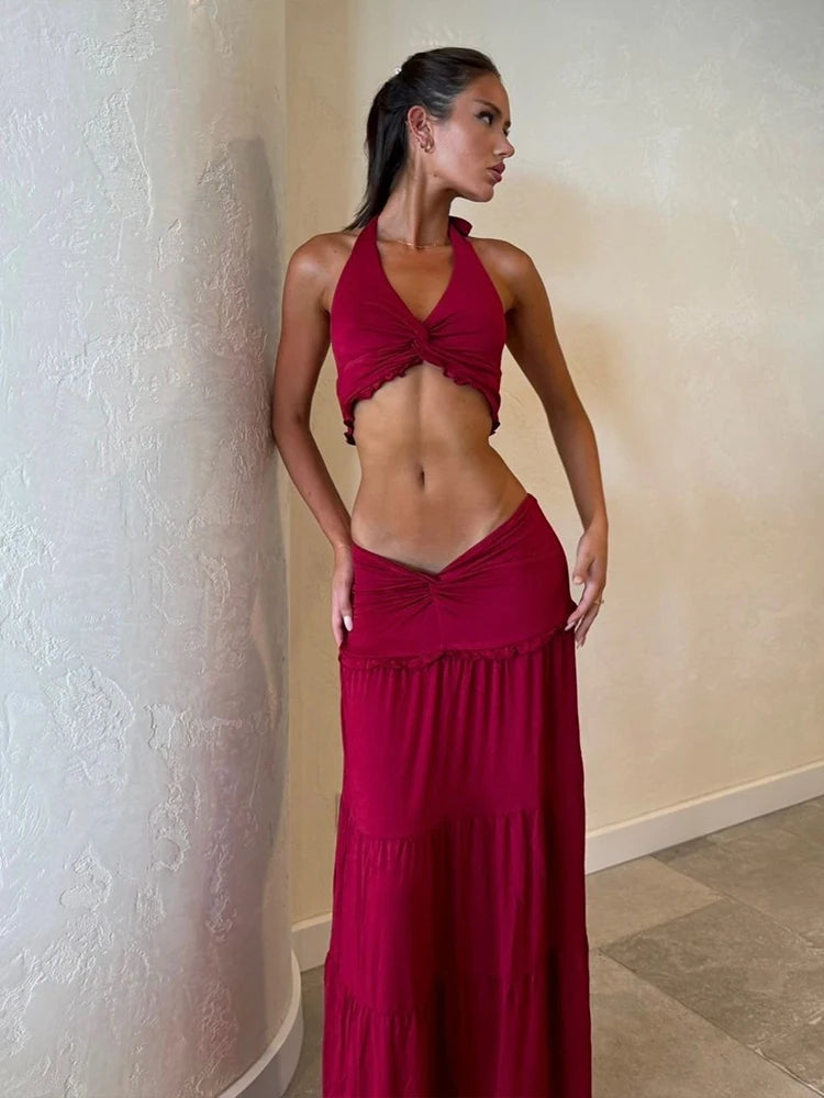 Skirt Sets - Ruched Elegant 2 Piece Set Women Halter Backless Crop Camisole+Elastic Waist Ruffles Long Skirts Street Trend Suits
