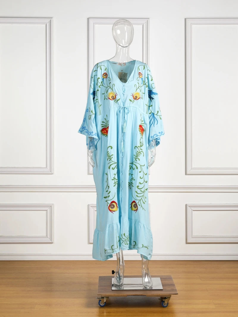 Kaftans - Jastie Embroidered Women Maxi Dress V-Neck Batwing Sleeve Loose Oversize Summer Dresses Drawstring Waist Boho Beach Vestidos
