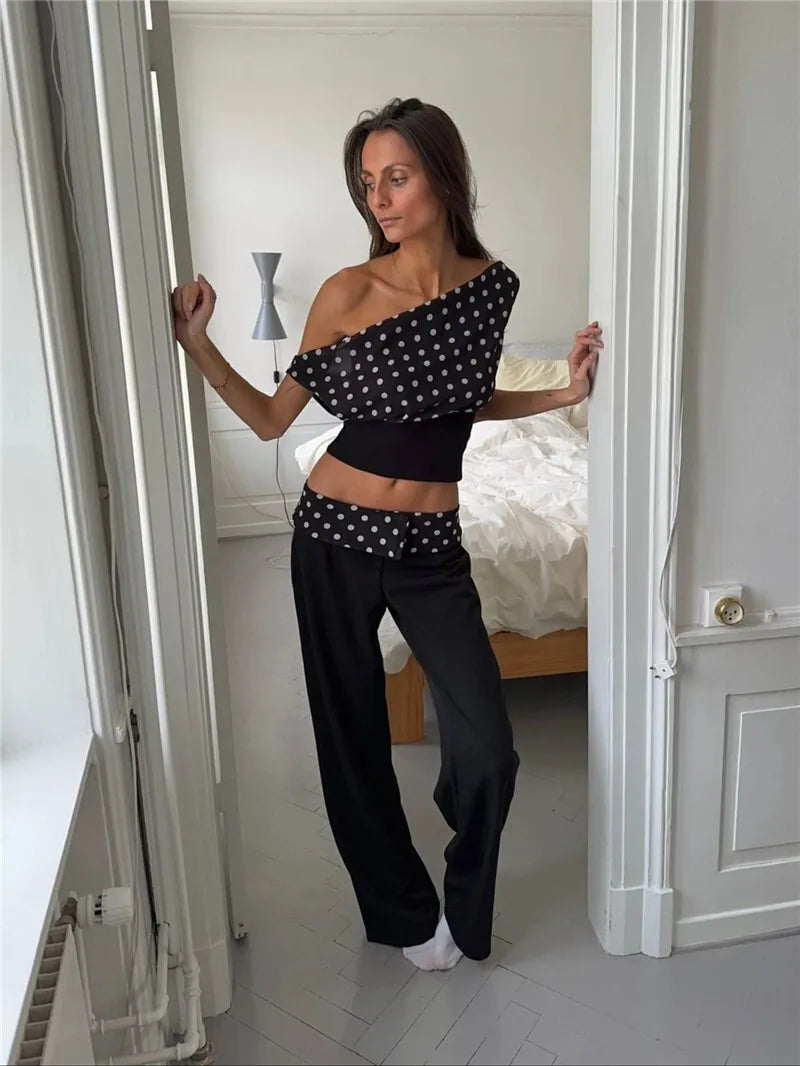 Crop Blouses - Backless Polka Dot Crop Tops Women Vest Fashion Summer New Oblique Shoulder Sleeveless Tank Tops Pullovers Female