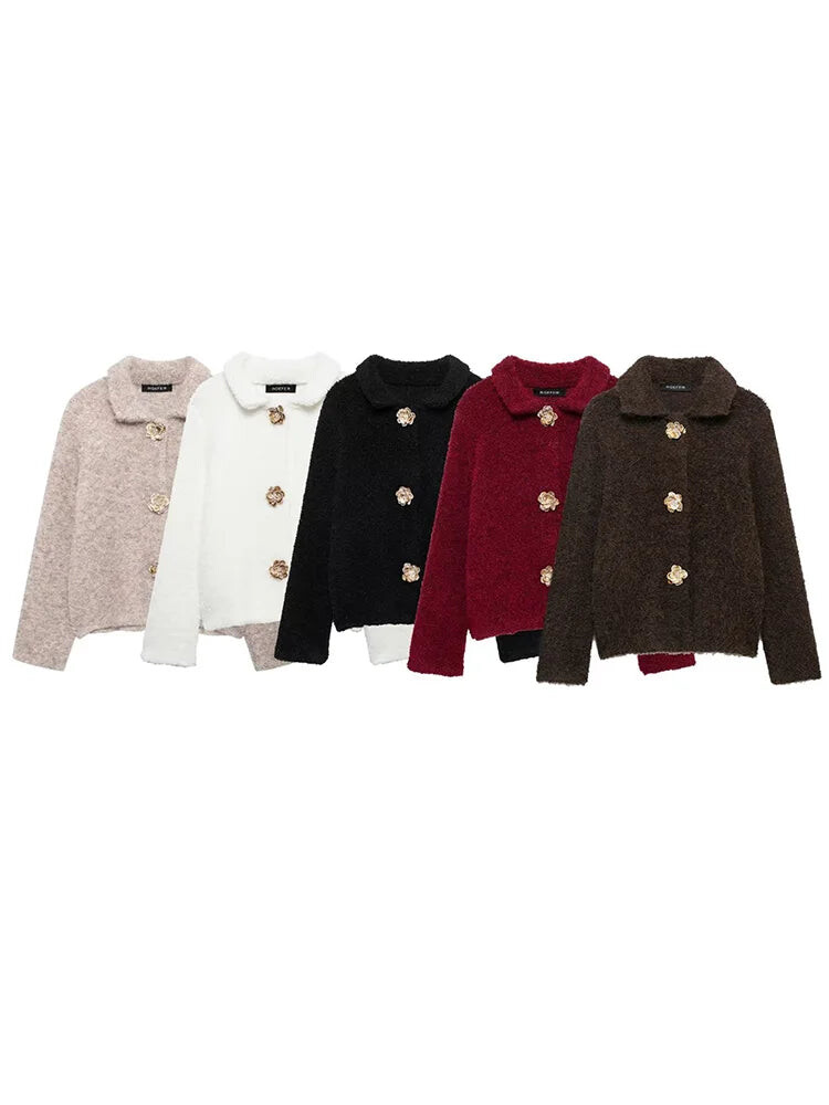 Cardigans - Women Autumn Flowers Shape Single Breasted Lapel Long Sleeve Knitted Top Fashion Female Chic Casual Slim Sweater Cardigan