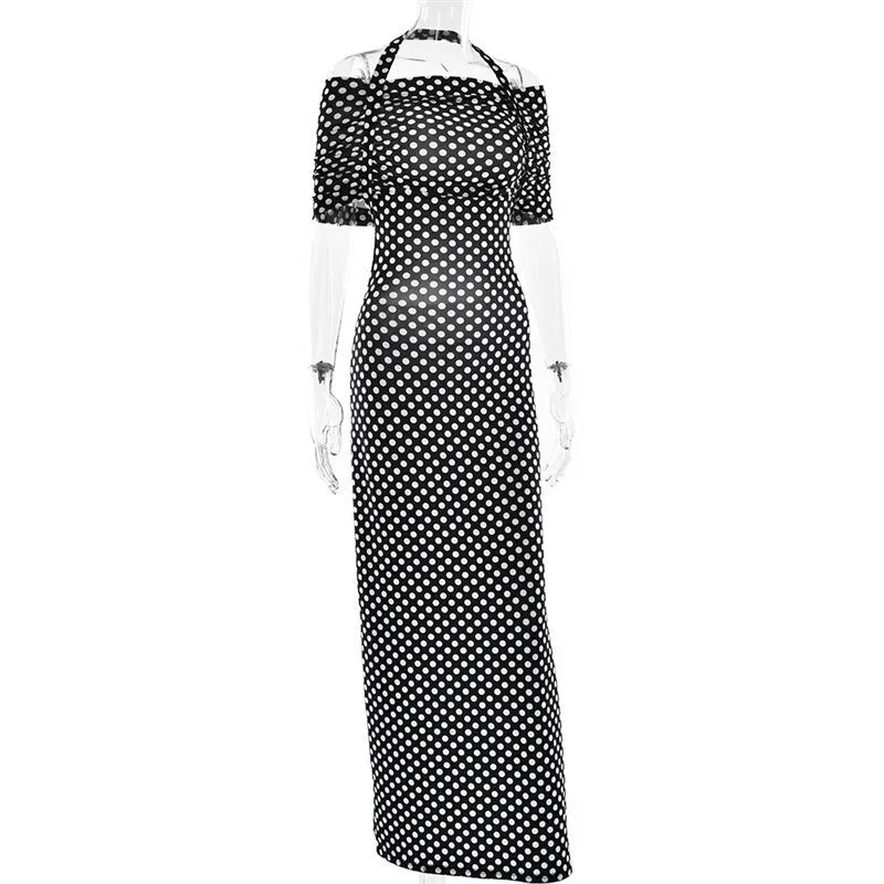 Halter Dresses - Off-shoulder Polka Dot Maxi Dress For Women Gown Fashion Halter Sleeveless Backless bodycon Split Long Dress Elegant