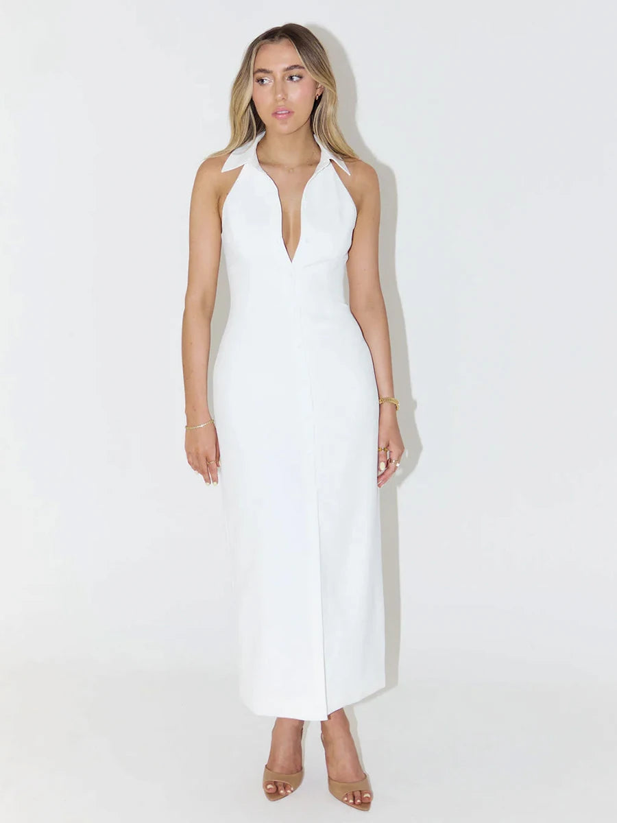 Casual Dresses - Summer Sleeveless Single Breasted Dress Fashionable Ladies Slim Fit Collar Solid Color Long Dresses Women's Clothing