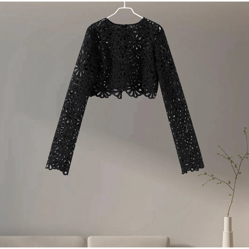 Matching Sets - Elegant See Through Crochet Top Women Set Hallow Out Flare Long Sleeve Top Slim Empire Hip Package Skirts 2025 Summer Lady Set