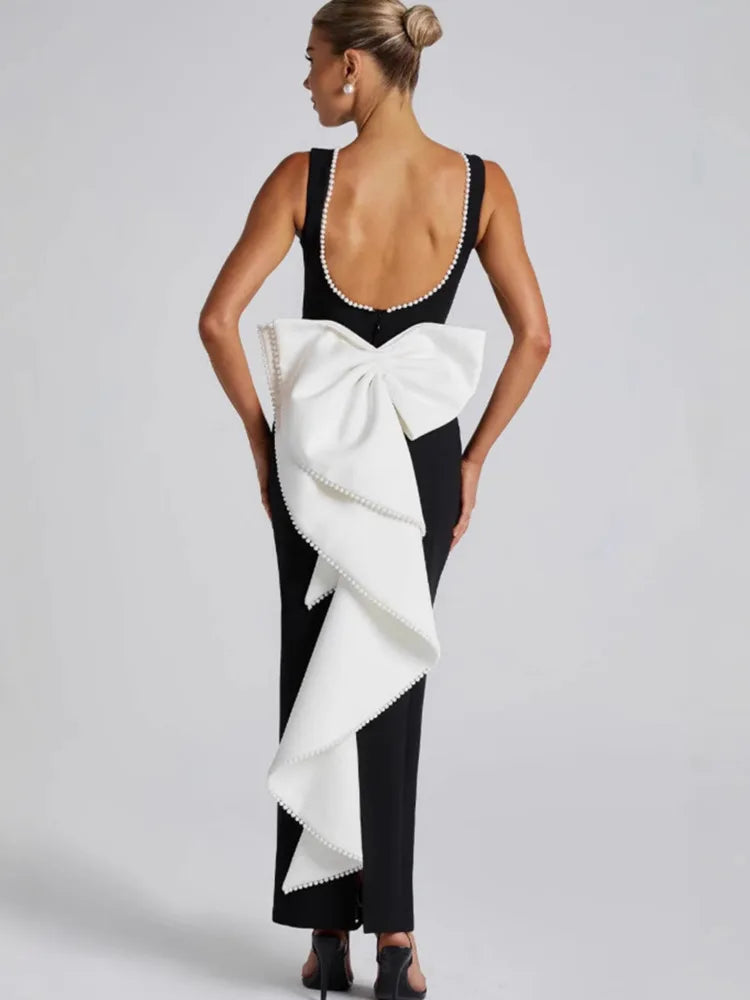 Elegant Dresses - Elegant Pearl Bow Backless Sexy Maxi Dress Women Gown Fashion Sleeveless High Waist A-line Club Party Long Dress