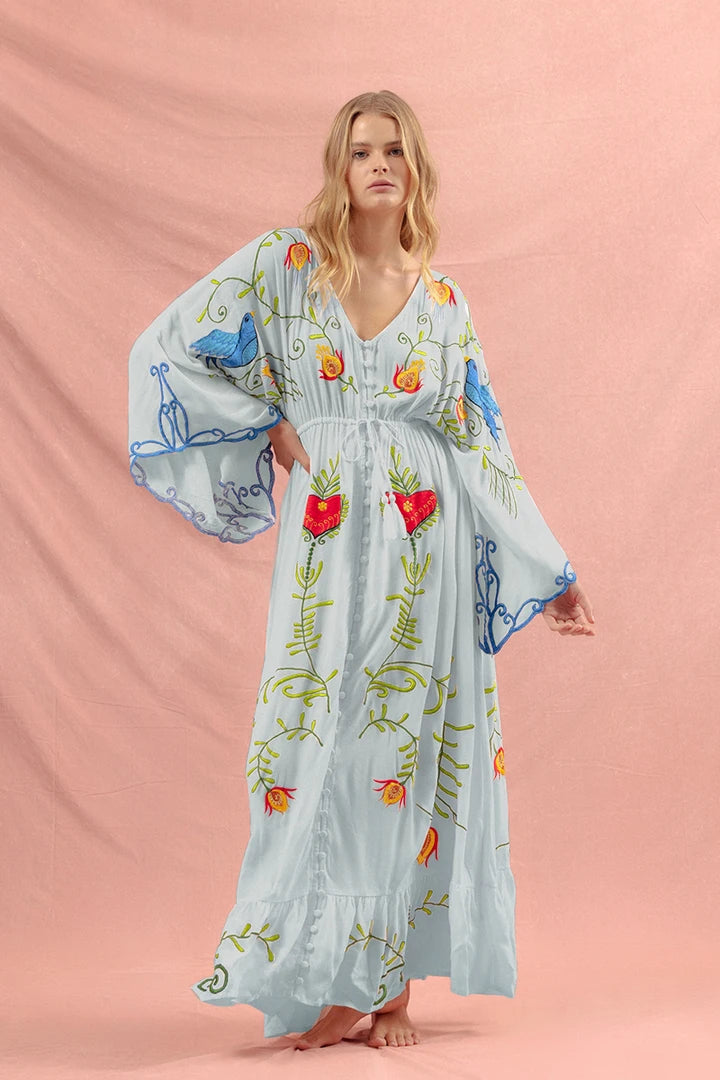 Kaftans - Jastie Embroidered Women Maxi Dress V-Neck Batwing Sleeve Loose Oversize Summer Dresses Drawstring Waist Boho Beach Vestidos