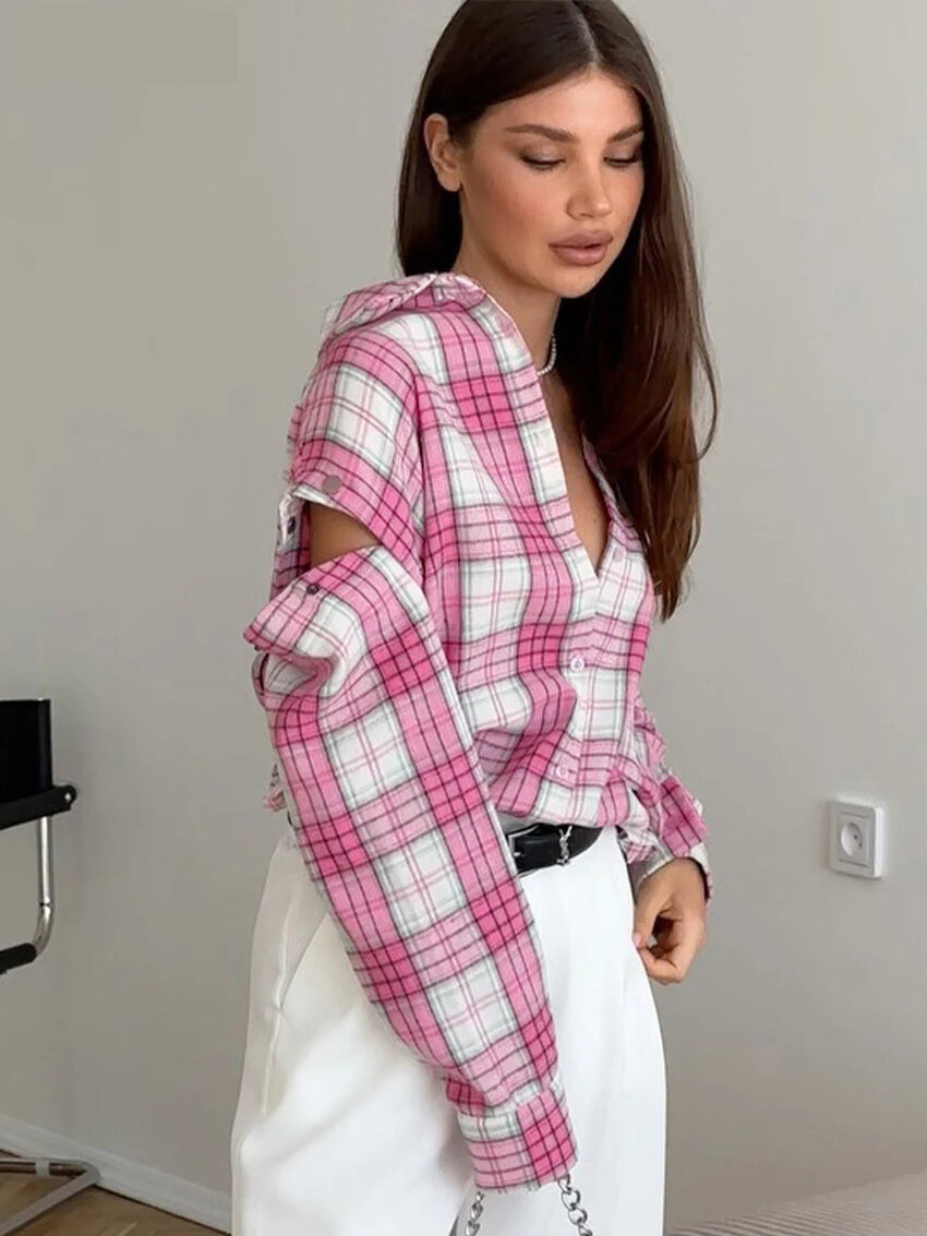Shirts - Fashion Loose Plaid Office Women's Shirt Vintage Lapel Long Sleeve Shirts Elegant Classic Blouse Top Female Clothing