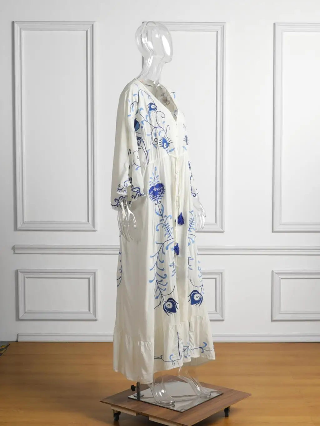 Kaftans - Jastie Embroidered Women Maxi Dress V-Neck Batwing Sleeve Loose Oversize Summer Dresses Drawstring Waist Boho Beach Vestidos