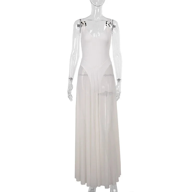 See-through Dresses - White Mesh Pleated Evening Club Party Dress Women Robes Backless Elegant Sexy Dress Bodycon Long Summer Dress Vestidos
