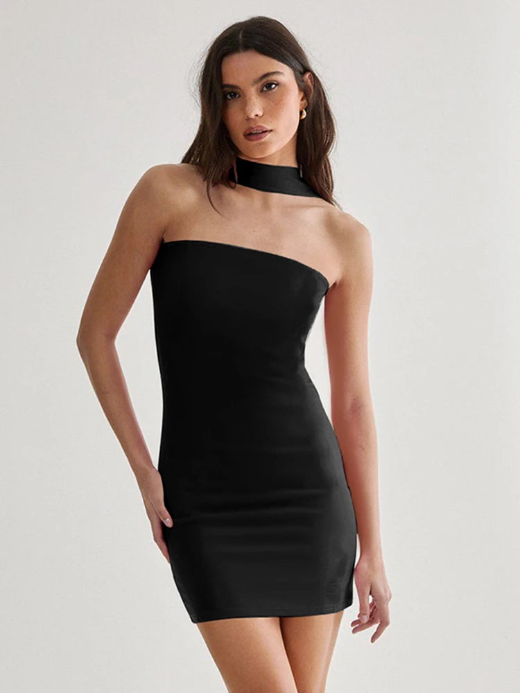 Halter Dresses - Sexy Halter Dress Women Sleeveless 2025 Summer Trend Skinny Solid Chic Birthday Party Clubwear Midnight Mini Bodycon