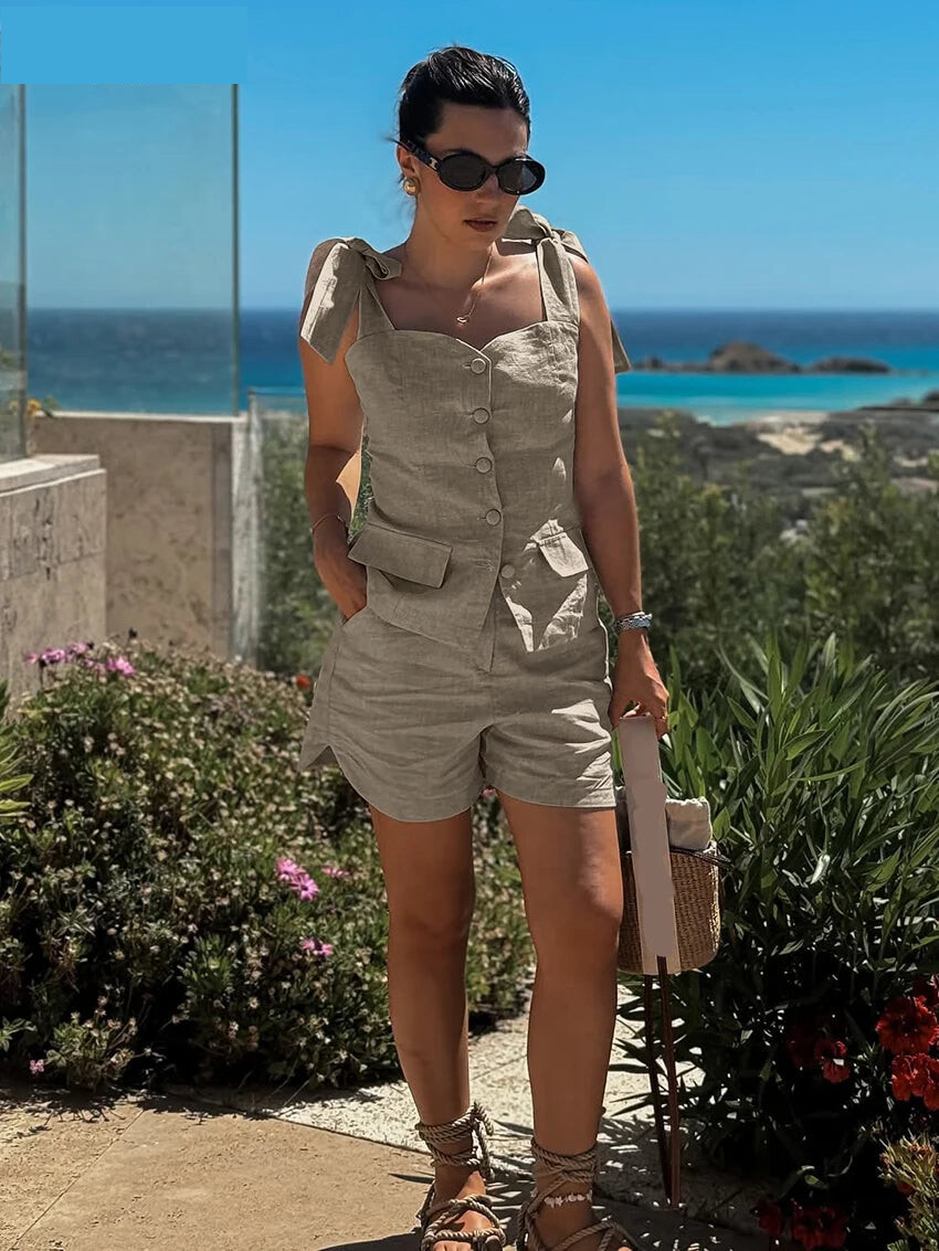 Shorts Sets - Summer Slim Khaki Cotton Women's Two Pieces Set 2025 Fashion Sleeveless Tank Top With High Waist Shorts Set Female