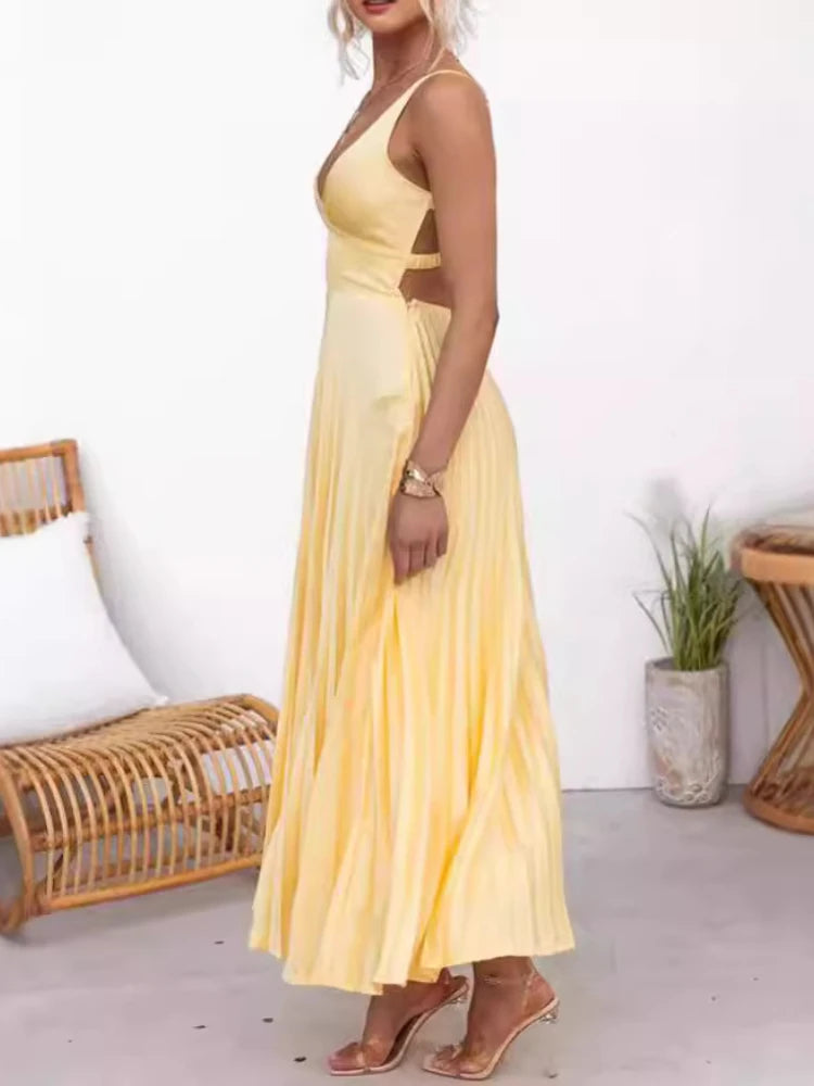Elegant Dresses - Summer Fashion New Style Women's Elegant Strap Fold Style Loose Solid Color Vacation Style Banquet Style Women's Long Dress
