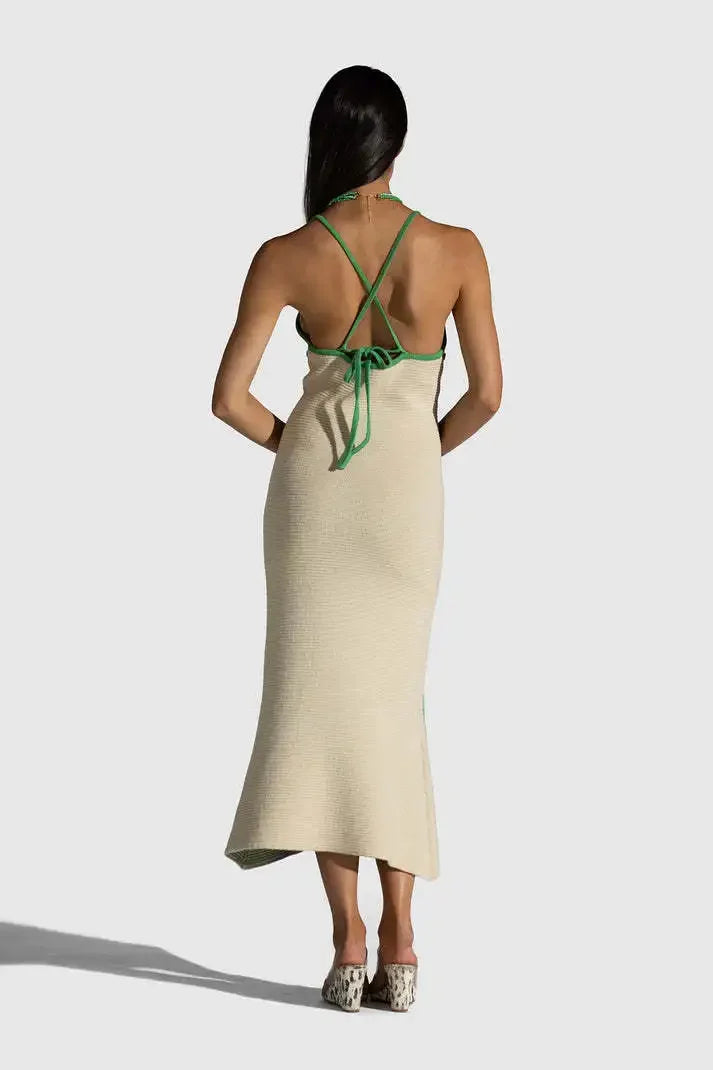 Vacation Dresses - 2024 Summer New Knitted Halterneck with Suspenders V-neck Sexy Backless Fashion Flower Print Slim Dress