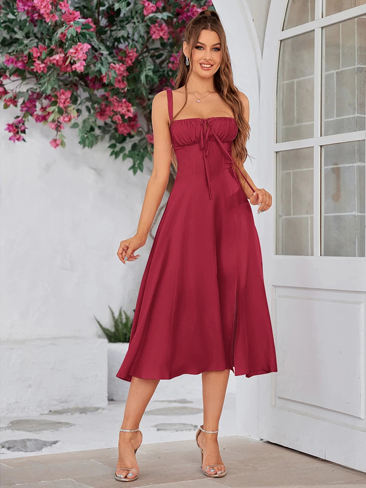 Cami Dresses - Summer Sweet Solid Sleeveless Long Dress Women Fashion Bandage Camisole Dresses Padded Boned Robe Elegant Party Vestidos