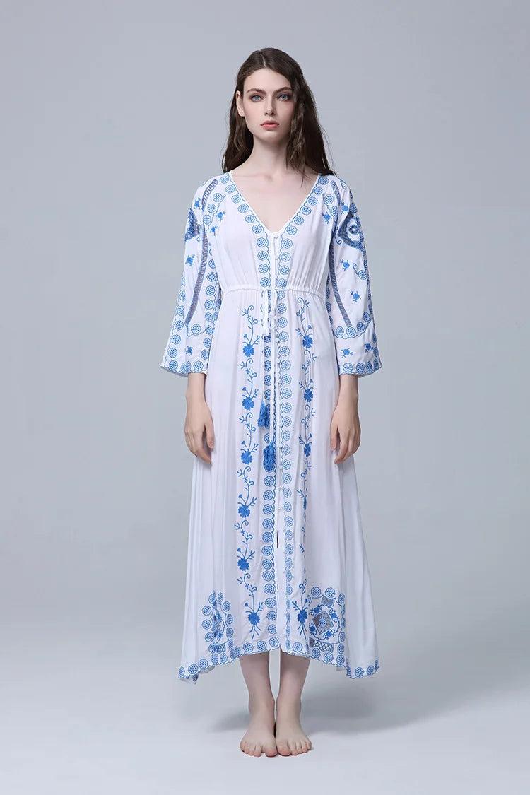 Kaftans - Jastie Embroidered Women Maxi Dress V-Neck Batwing Sleeve Loose Oversize Summer Dresses Drawstring Waist Boho Beach Vestidos