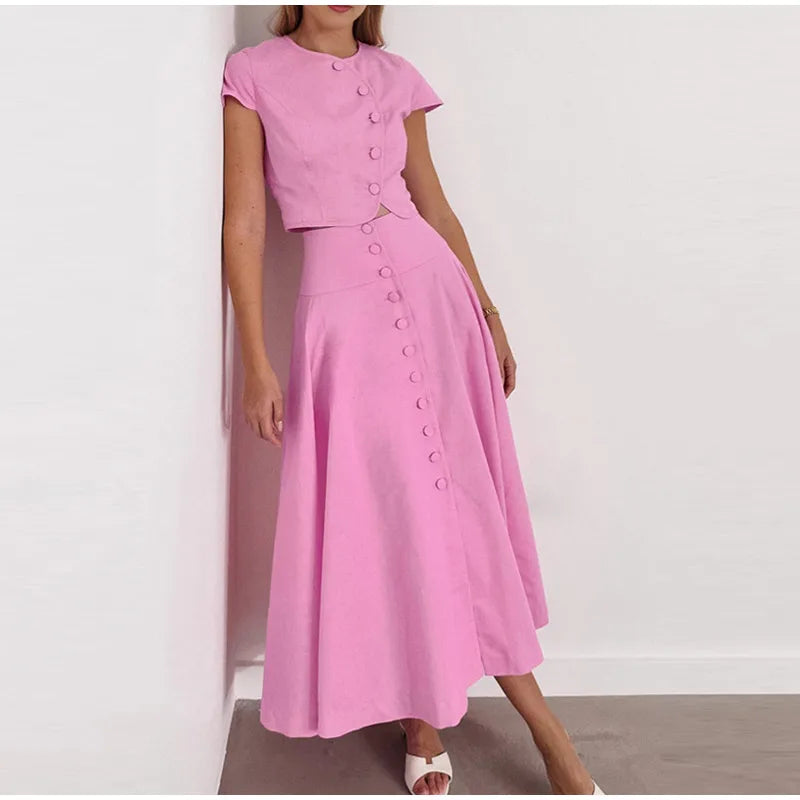 Skirt set - Women Vest Skirt Suit Solid O-neck Single Breasted Short Sleeve Short Top Button Wide Leg Skirts Female Summer Lady Beach Wears