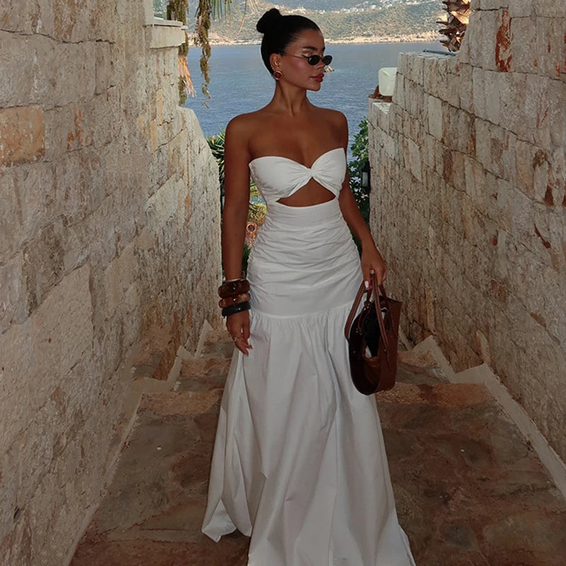 Vacation Dresses - Women's Beach Vacation Strapless Hollow Dress Solid Color Sleeveless Bodycon Maxi Dress Lady High Waist Splice 2025 New