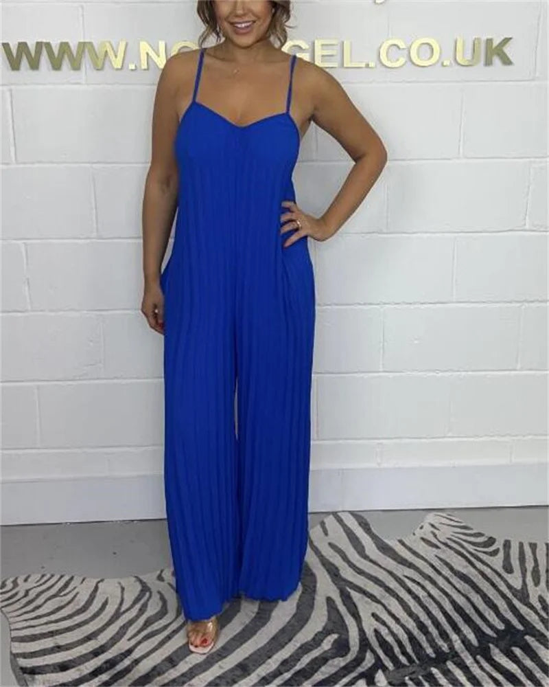 Jumpsuits - Plus-size women's jumpsuit full-body pressure pleated solid color sleeveless suspenders jumpsuit plus-size women's clothing