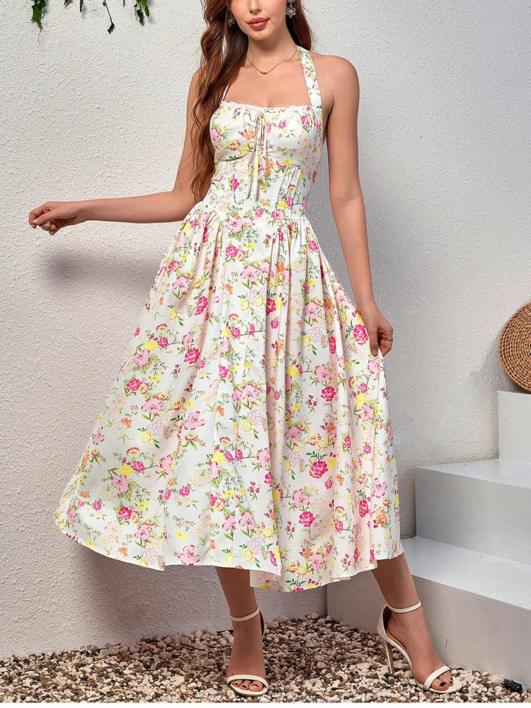 Floral Dresses - Women's Halter Backless Print Floral Midi Corset Dress Spaghetti Straps Tie Up Fashion Casual Holiday Long Dresses Pink