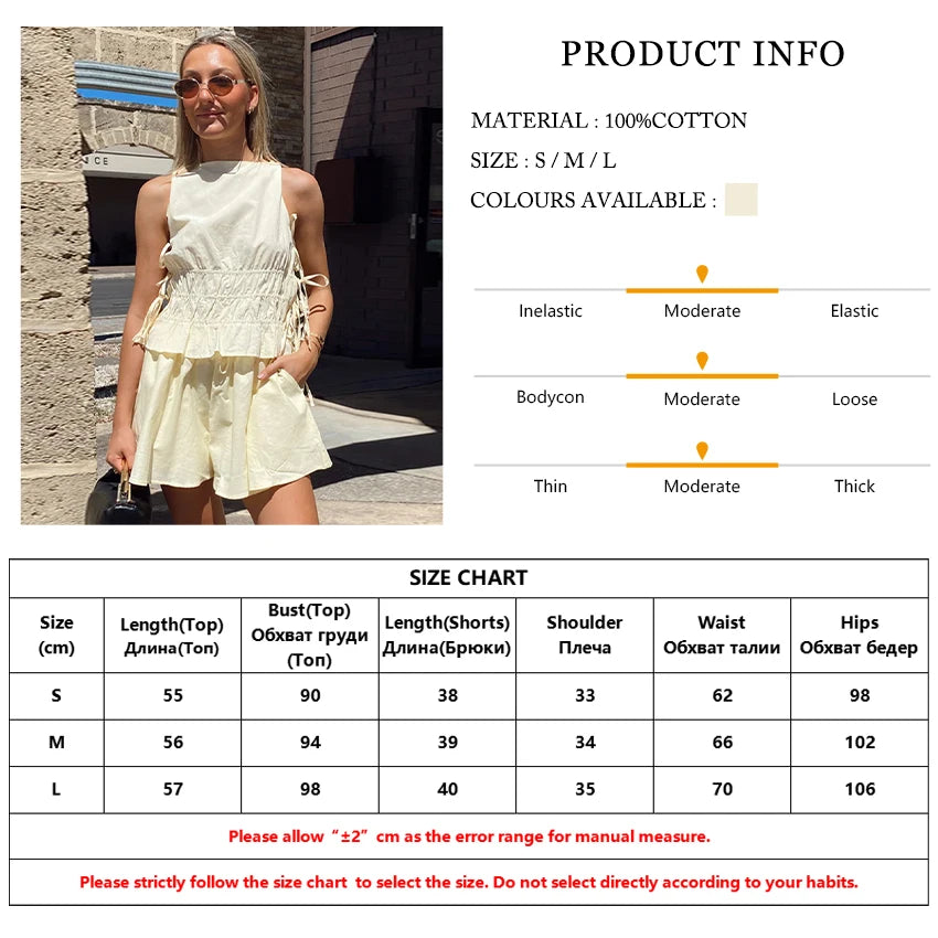 - Summer Loose Yellow Cotton Shorts Set 2 Piece Woman 2025 Fashion Sleeveless Tank Top With High Waist Shorts Set Female
