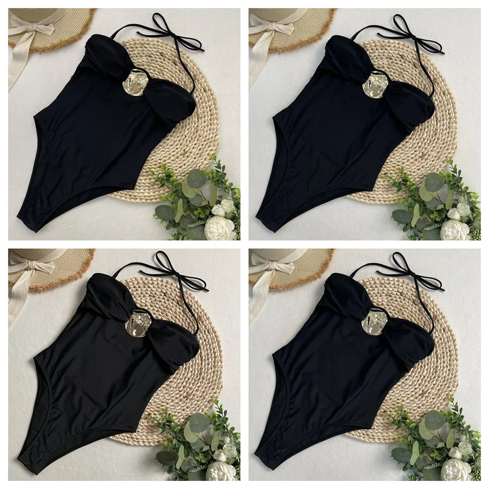 Swimsuits - 2 Colors Sexy Metal Rings Cut Out Women Swimwear One Piece Swimsuit Female Bandeau High Leg Cut Bather Bathing Suit Swim