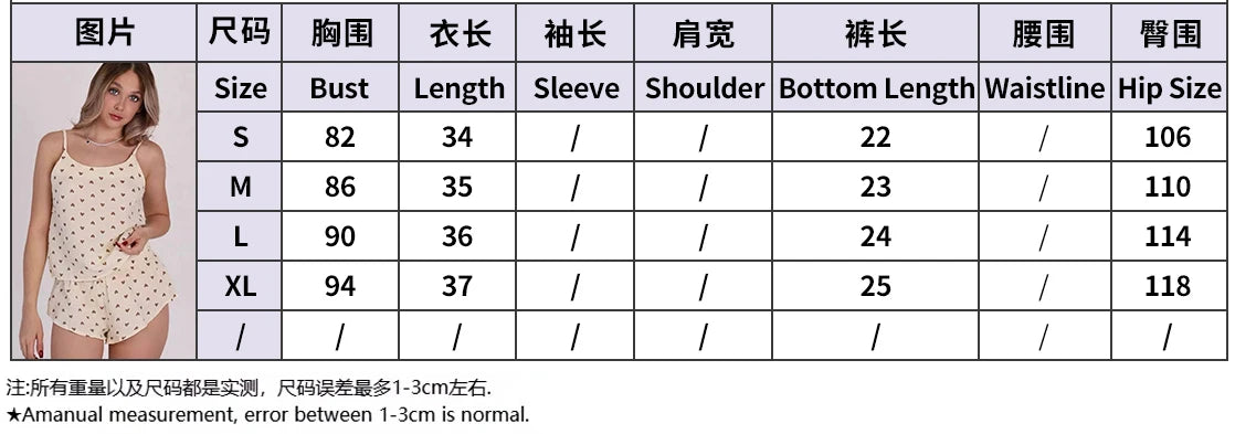Pajamas Set - Cotton Sexy Summer Women Pajamas Set Spaghetti Strap Sleepwear heart Print Tank Tops And Shorts Cute Soft Sleeveless Nightwear