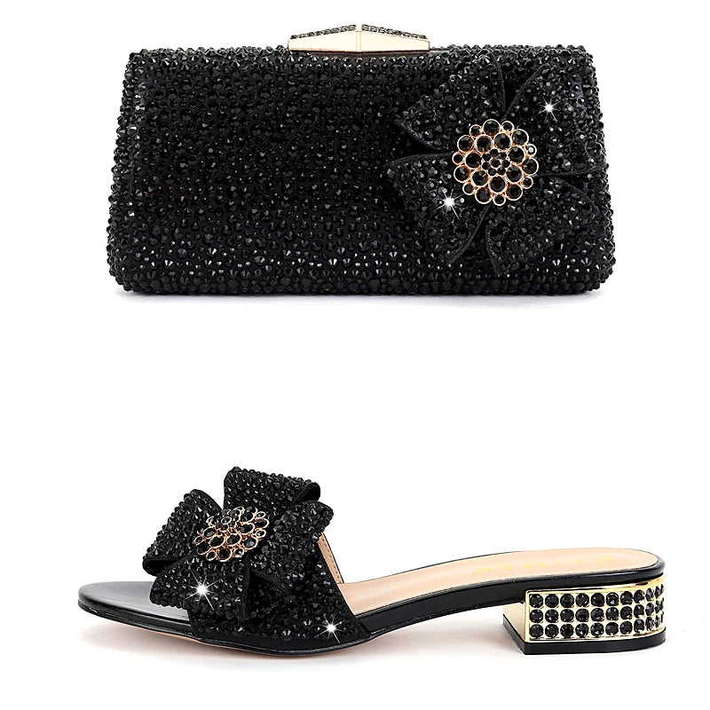 Shoes - New Ladies Rhinestone Clutch Flat Heel Diamond Evening Shoes and Bag suit Rhinestone Flat plus size Stone Slippers Size 34-44