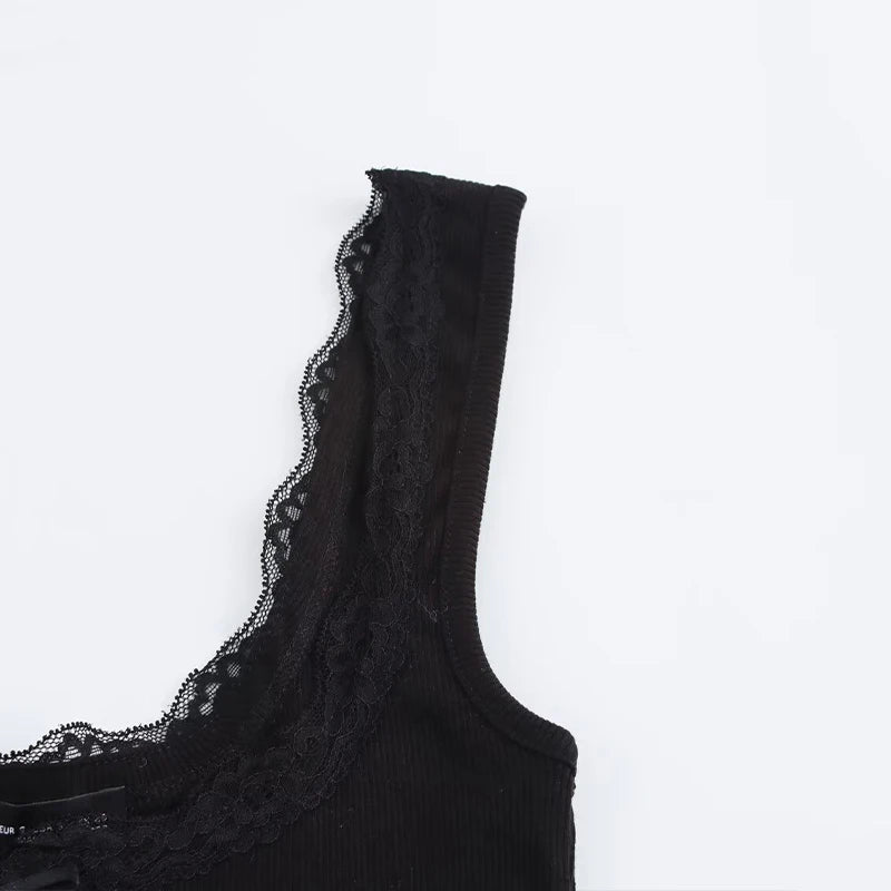 Knit Tops - Women Fashion Solid Lace Hem Knitted Vest Vintage Straps Square Collar Female Chic Lady Tank Tops