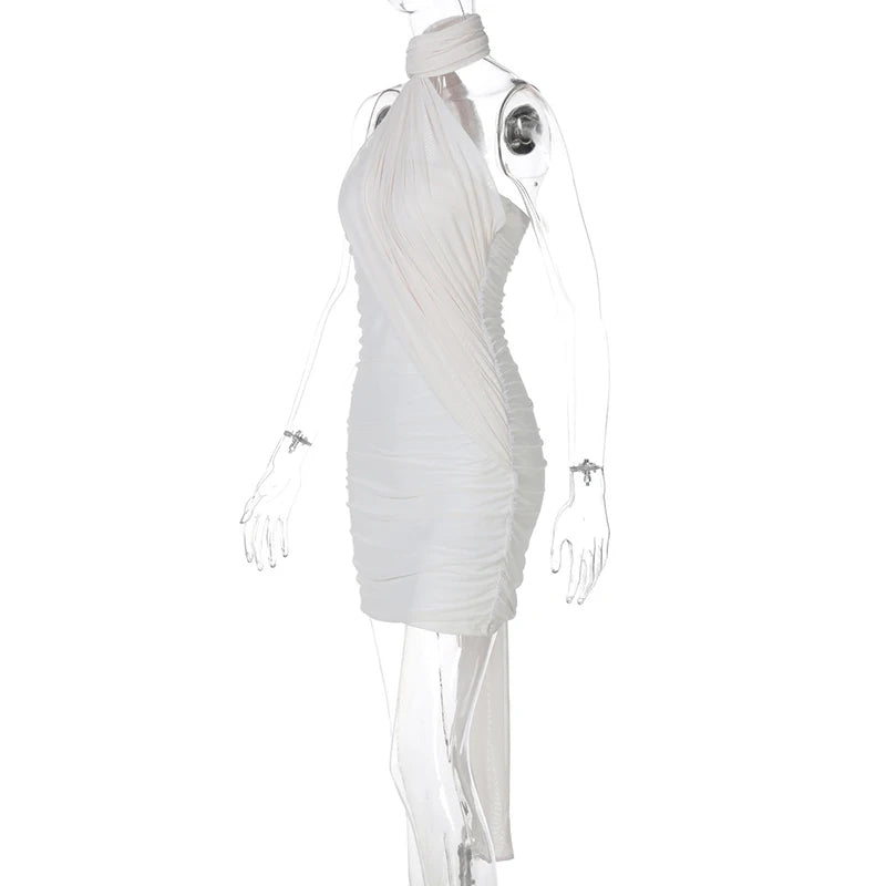 Halter Dresses - Mesh Strapless Backless Sexy Mini Dress For Women Robe Fashion Off-shoulder Sleeveless Ruched Bodycon Club Dress