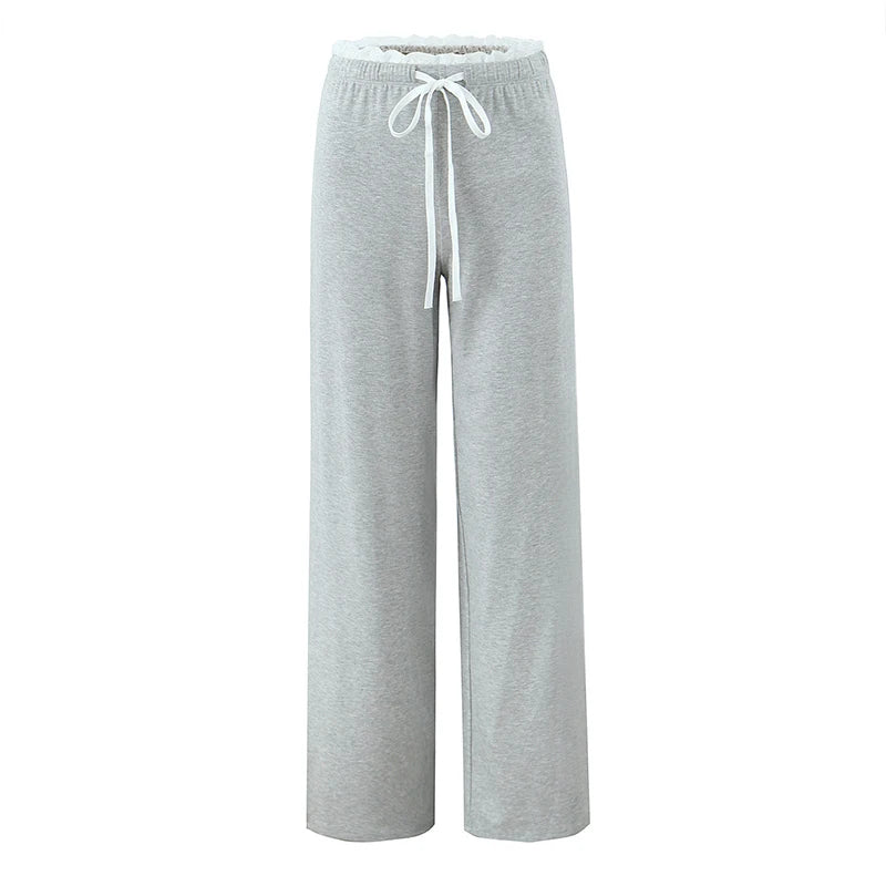 Loungewear - Women Lace Top Pant Suit Casual Bow Lace Up Patchwork Blouse Loose Elastic Waist Trouser Female Sets 2025 Spring Lady Streetwear