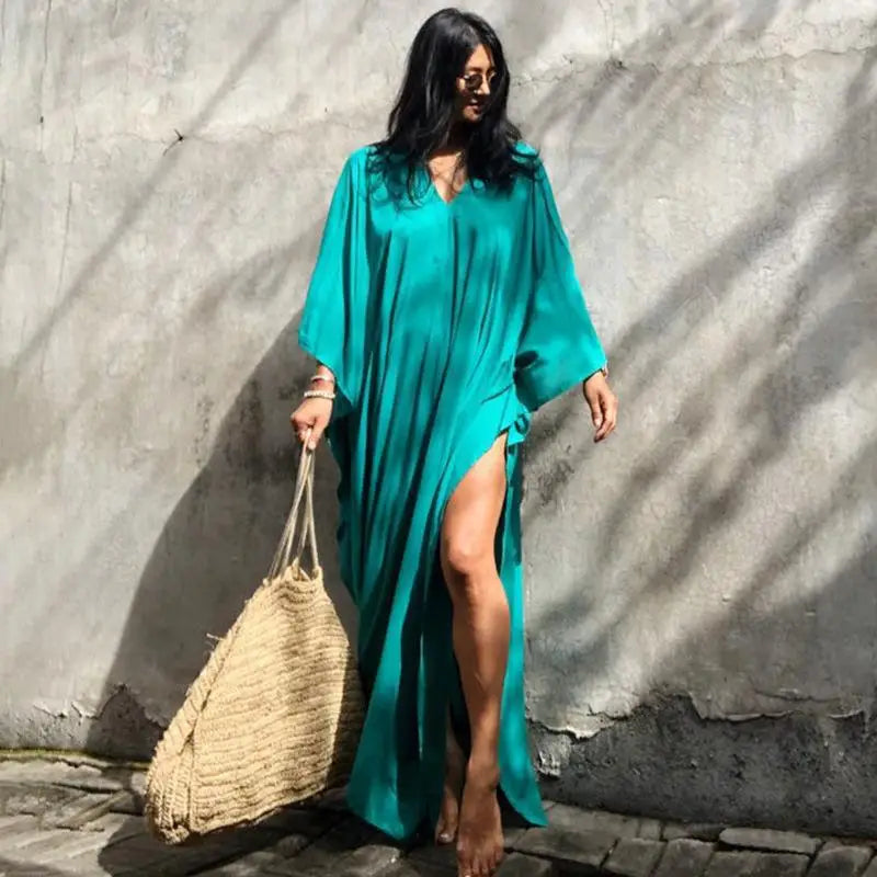 Kaftans - Women's Clothing Swimwears Solid Color Cover Up V Neck Batwing Sleeve Plus Size Beach Kaftan Dresses