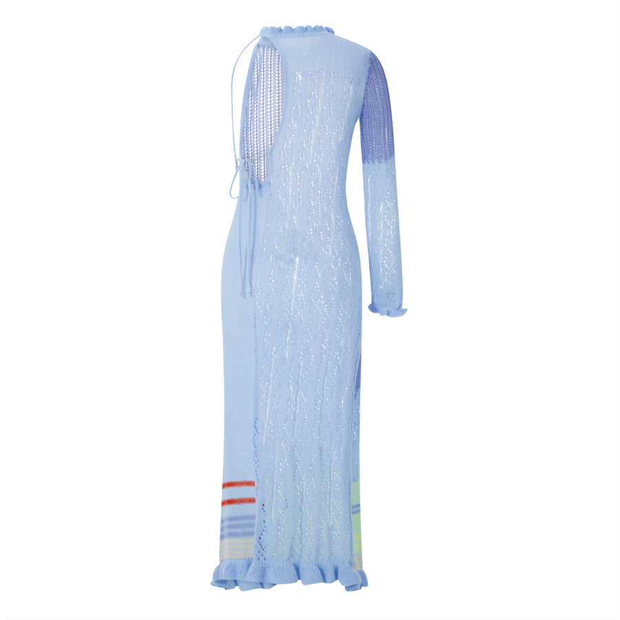 Beach Dresses - Contrast Color Hollow-Out Knit Beach Long Dress 2023 Summer See-Through One-Shoulder Long Sleeve Halter Tie-up Cover-Ups Dress