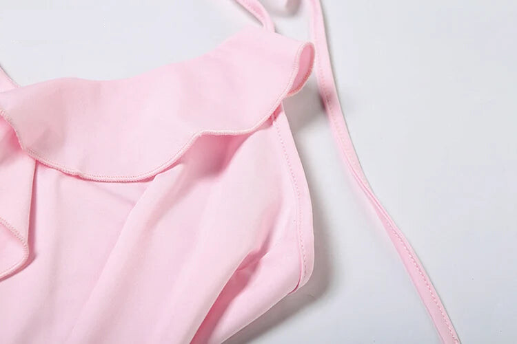 Party Dresses - Halter Ruffles V-Neck Dress Women Backless Elegant Sexy Summer Fashion V-Neck Solid Birthday Party Clubwear Mini Bodycon