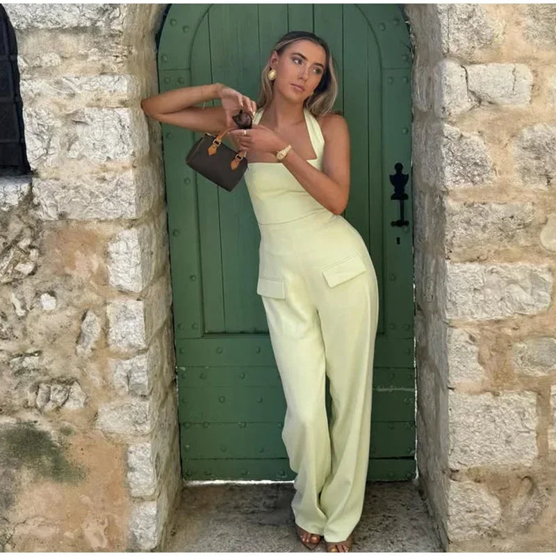 Pants Sets - Solid Square Collar Halter Vest Pants Sets Women Slim Backless Sleeveless Tops High Waist Wide Leg Pant 2025 Lady Office Outfit