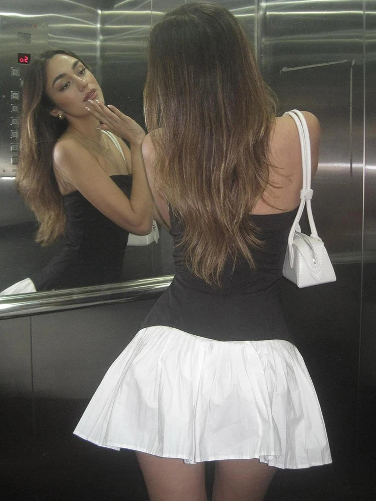 Mini Dresses - Black White Patchwork Dress Women Chest Wrap Backless Ruffles 2025 Y2K Sweet Girl Trend Chic Streetwear Mini Bodycon