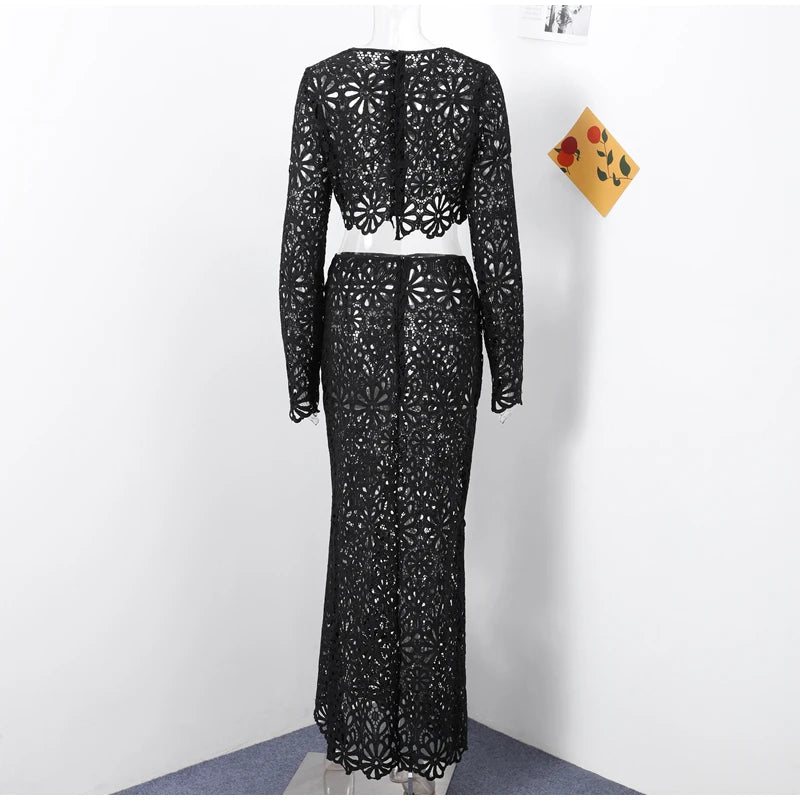 Matching Sets - Elegant See Through Crochet Top Women Set Hallow Out Flare Long Sleeve Top Slim Empire Hip Package Skirts 2025 Summer Lady Set
