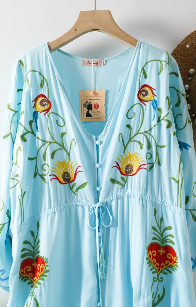 Kaftans - Jastie Embroidered Women Maxi Dress V-Neck Batwing Sleeve Loose Oversize Summer Dresses Drawstring Waist Boho Beach Vestidos
