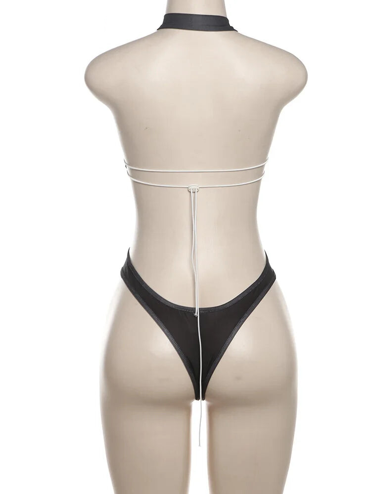 Bodysuits - Halter Hollow Bodysuit Woman Summer Backless Straps Zipper Sexy Print Wild Fashion Trend Streetwear Skinny Clubwear