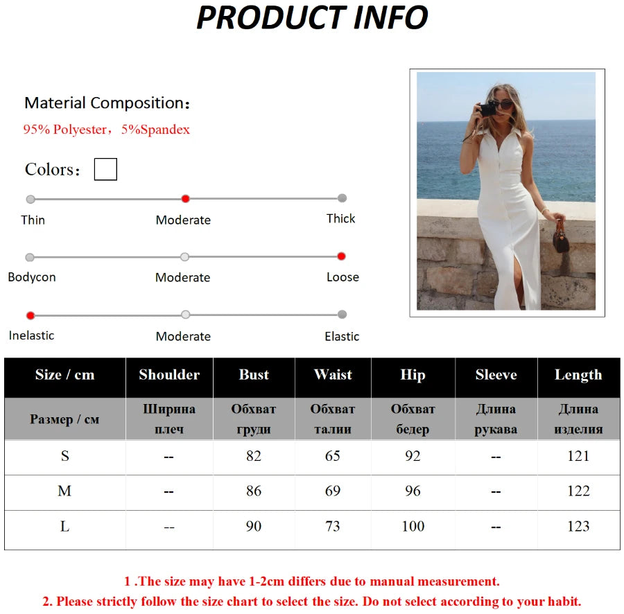 Casual Dresses - Summer Sleeveless Single Breasted Dress Fashionable Ladies Slim Fit Collar Solid Color Long Dresses Women's Clothing