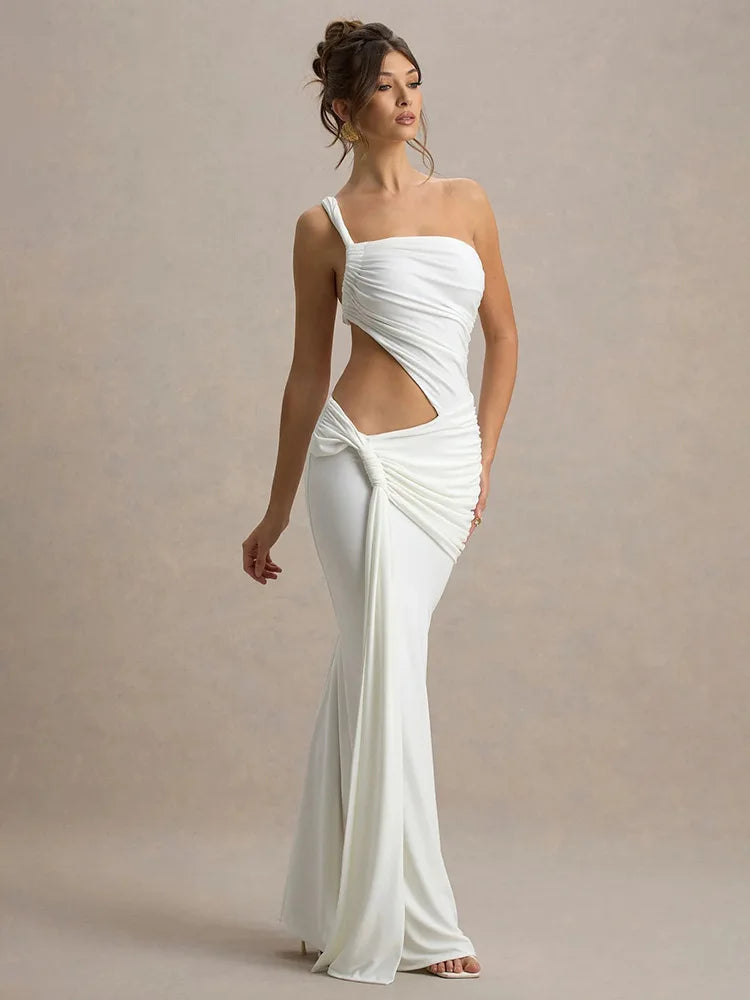 Elegant Dresses - Sexy Sleeveless Hollow Out Irregular Side Ribbon Pleated Long Dress For Women High Waist Elegant Sexy Club Party Dress