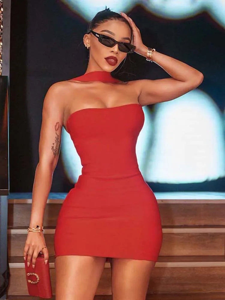 Halter Dresses - Sexy Halter Dress Women Sleeveless 2025 Summer Trend Skinny Solid Chic Birthday Party Clubwear Midnight Mini Bodycon