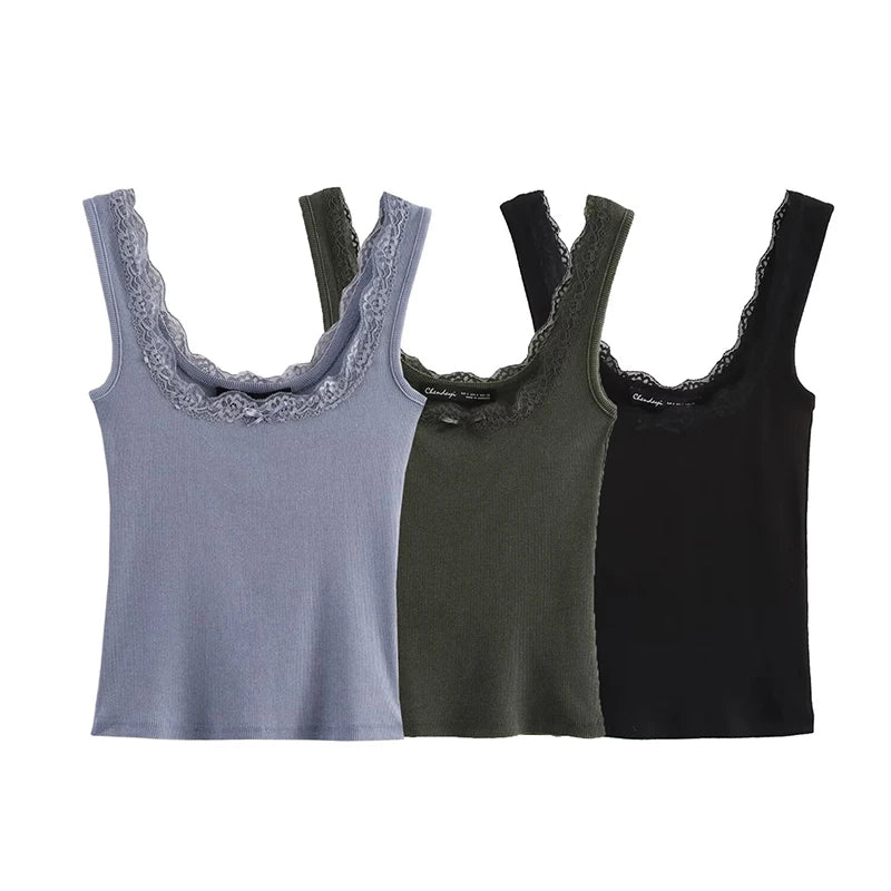 Knit Tops - Women Fashion Solid Lace Hem Knitted Vest Vintage Straps Square Collar Female Chic Lady Tank Tops